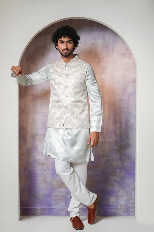 Classic White Nehru Jacket, Designer Jacquard Nehru Jacket - Kavarsa