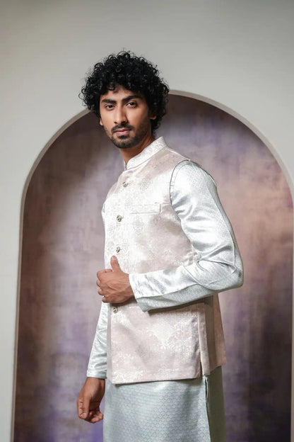 Classic White Nehru Jacket, Designer Jacquard Nehru Jacket - Kavarsa