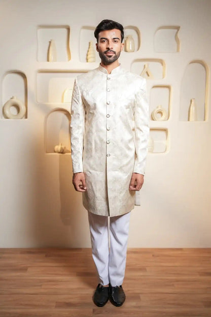 Cream Floral Indo-Western Sherwani , Designer Jacquard Indo-Western - Kavarsa