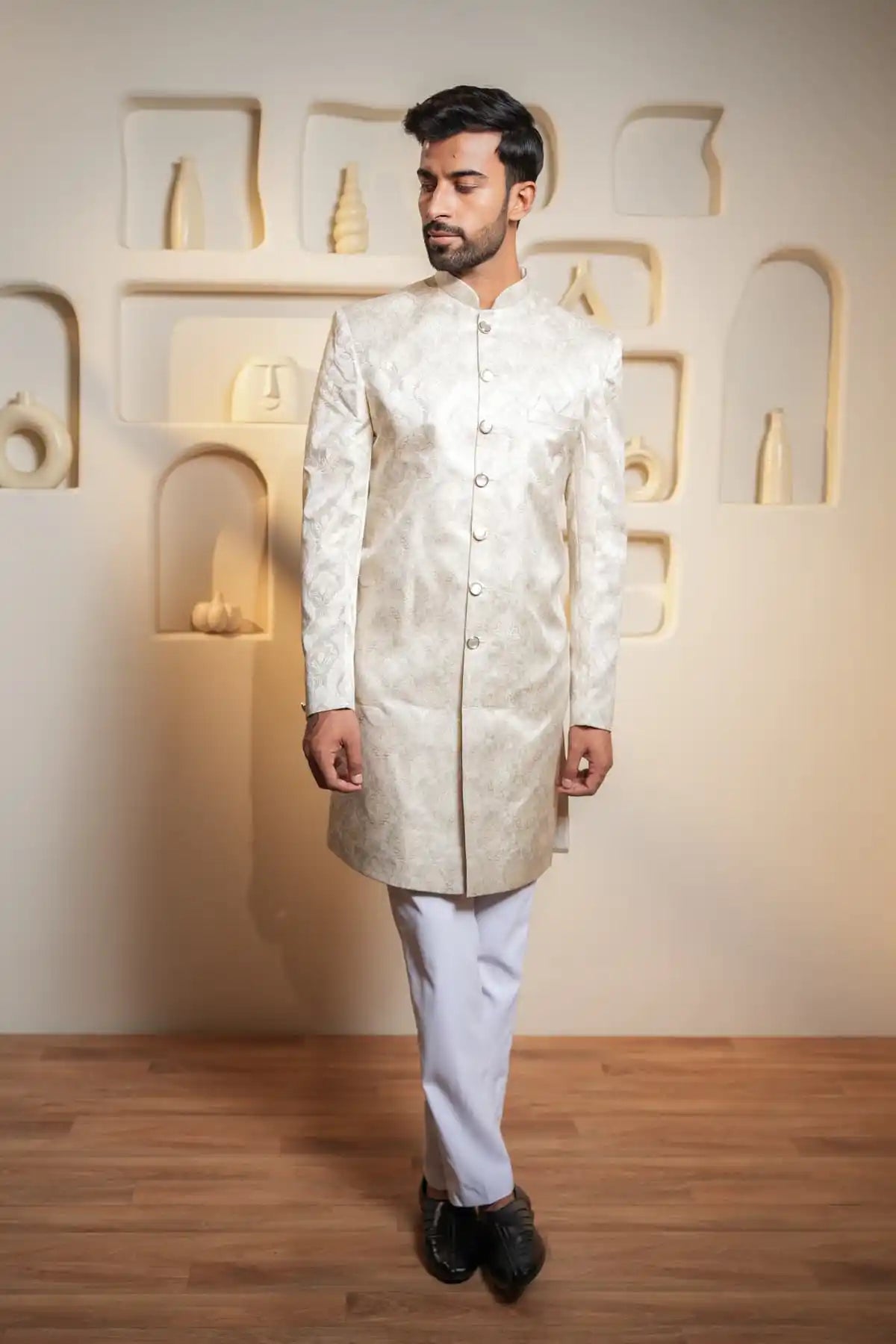 Cream Floral Indo-Western Sherwani , Designer Jacquard Indo-Western - Kavarsa