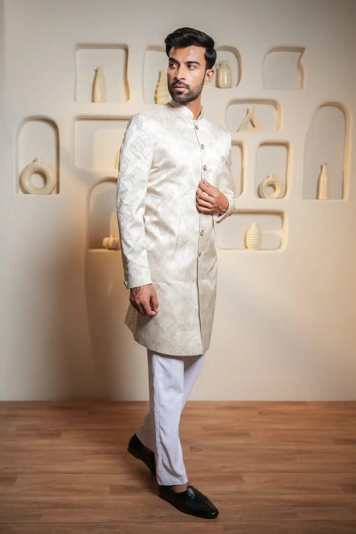 Cream Floral Indo-Western Sherwani , Designer Jacquard Indo-Western - Kavarsa