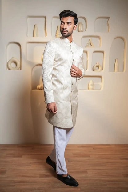 Cream Floral Indo-Western Sherwani , Designer Jacquard Indo-Western - Kavarsa