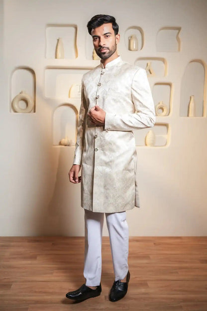 Cream Floral Indo-Western Sherwani , Designer Jacquard Indo-Western - Kavarsa