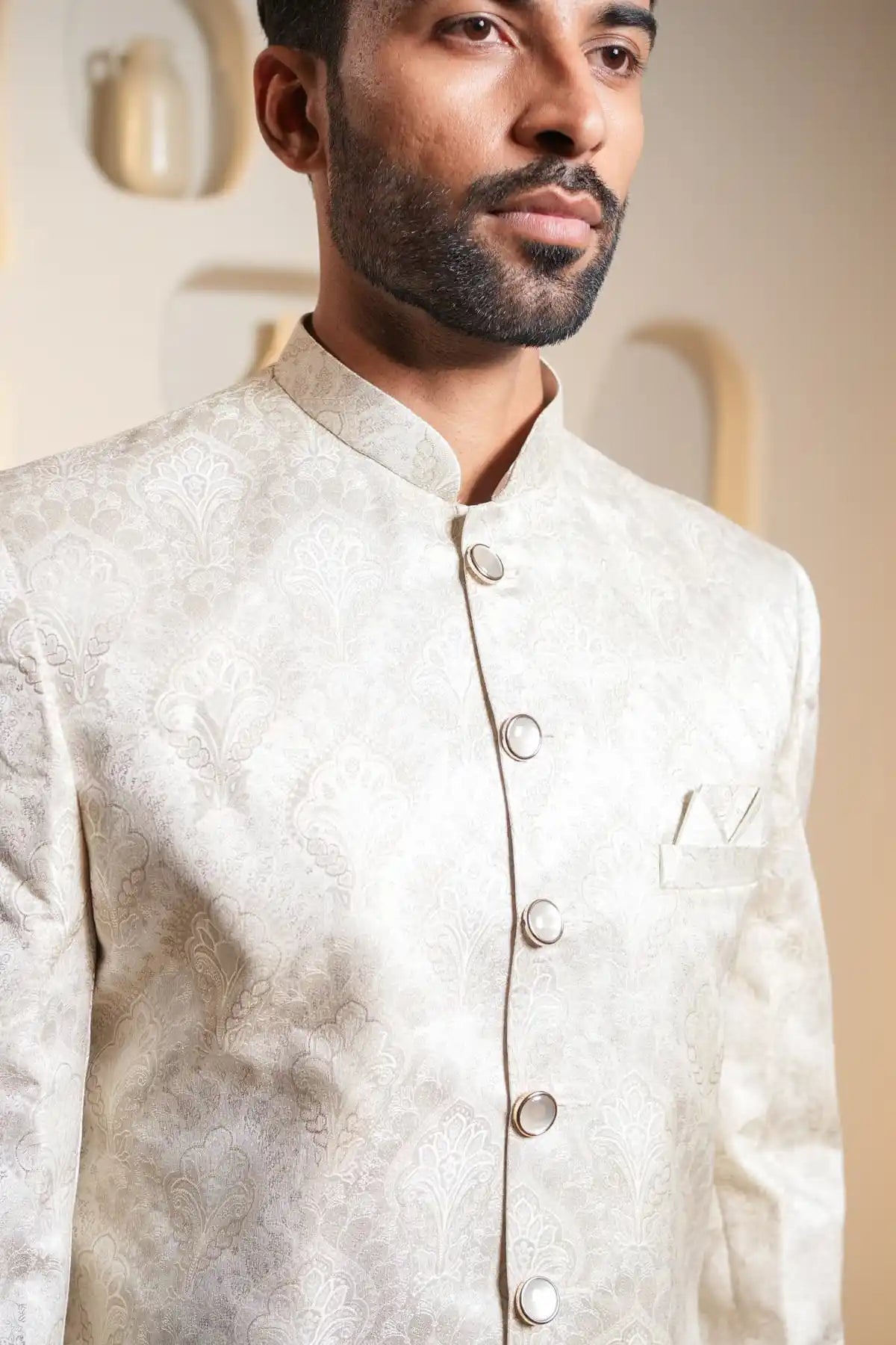 Cream Floral Indo-Western Sherwani , Designer Jacquard Indo-Western - Kavarsa
