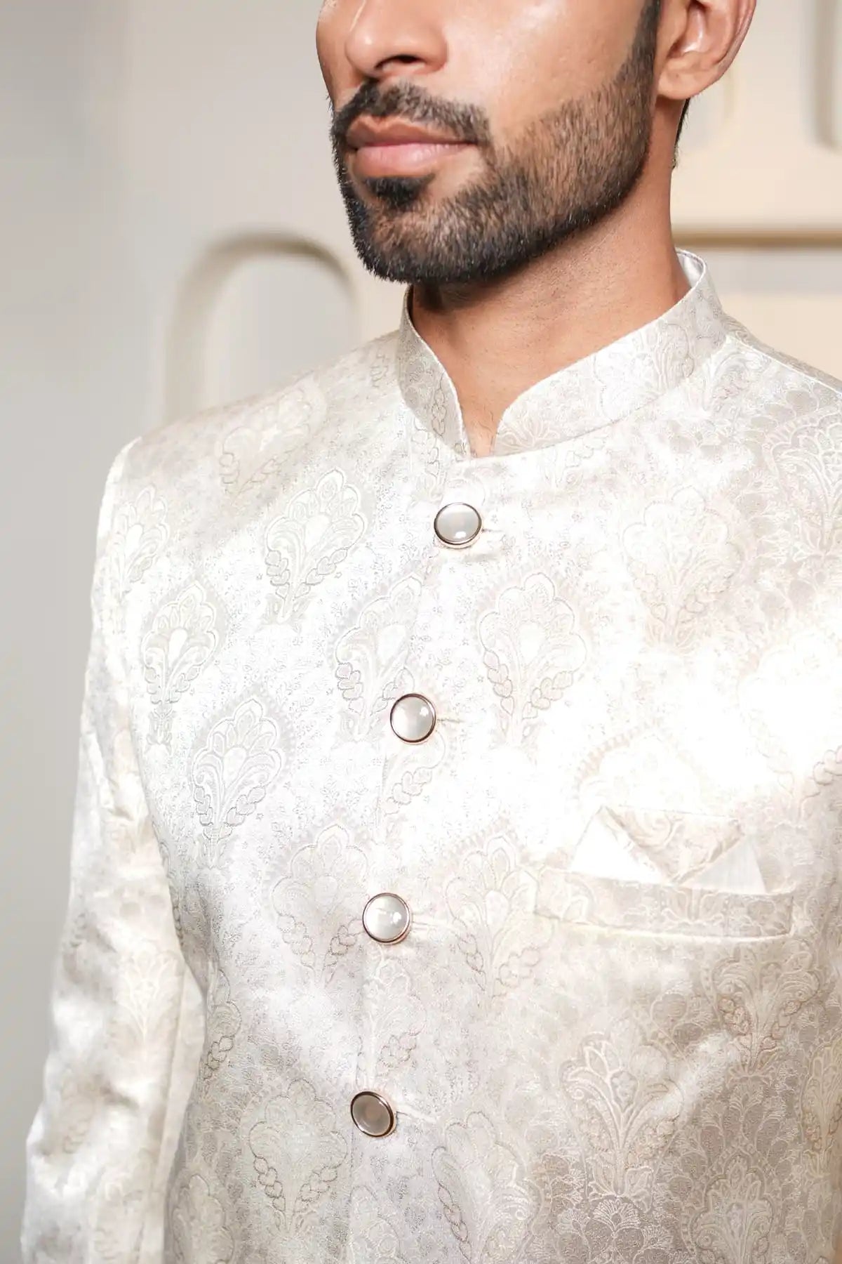 Cream Floral Indo-Western Sherwani , Designer Jacquard Indo-Western - Kavarsa