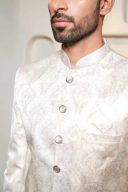 Cream Floral Indo-Western Sherwani , Designer Jacquard Indo-Western - Kavarsa