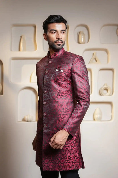 Crimson Elegance Indo-Western, Designer Jacquard Indo-Western - Kavarsa