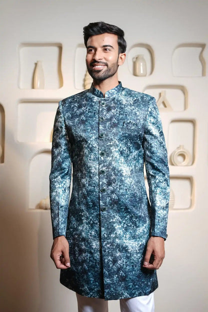 Dark Blue And Black Patterned Indo-Western Sherwani, Digital Indo-Western - Kavarsa