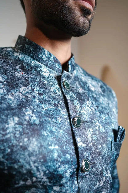 Dark Blue And Black Patterned Indo-Western Sherwani, Digital Indo-Western - Kavarsa
