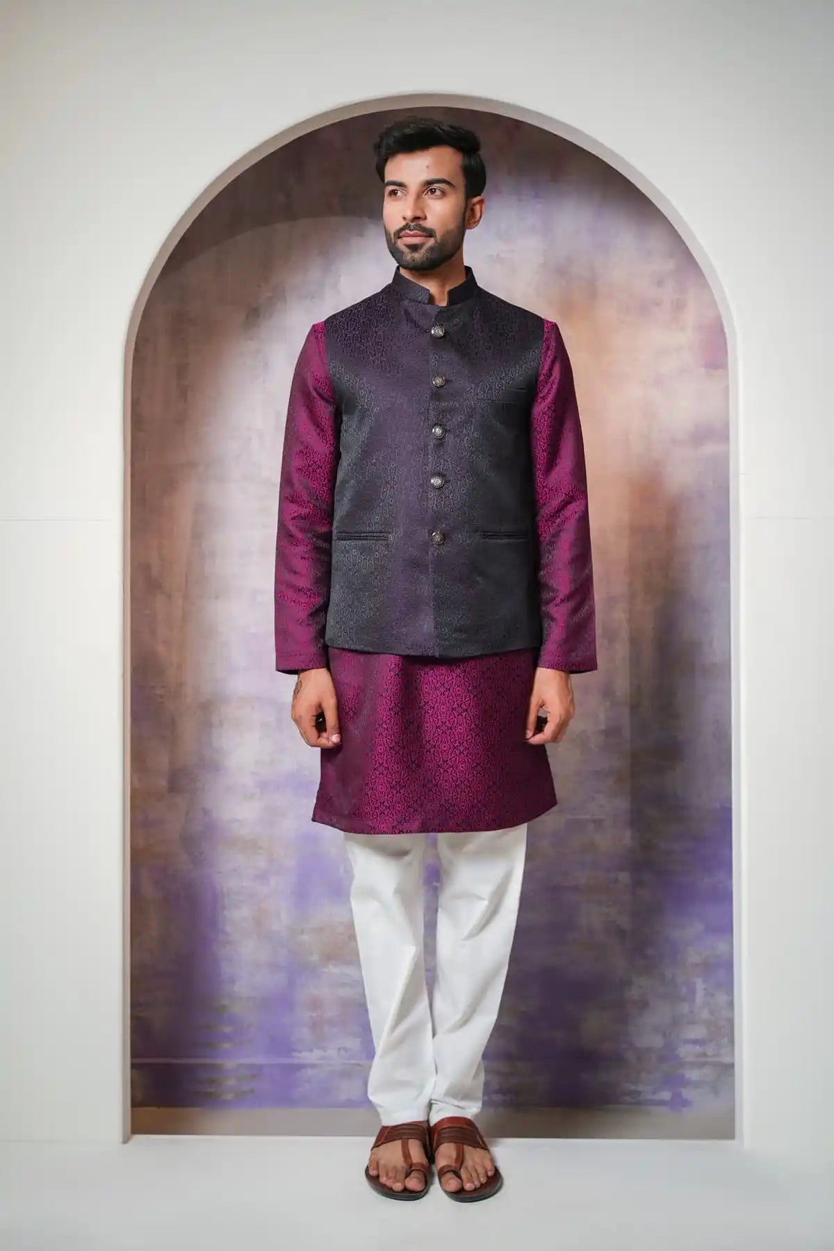 Elegant Black Floral Nehru Jacket, Designer Jacquard Nehru Jacket - Kavarsa