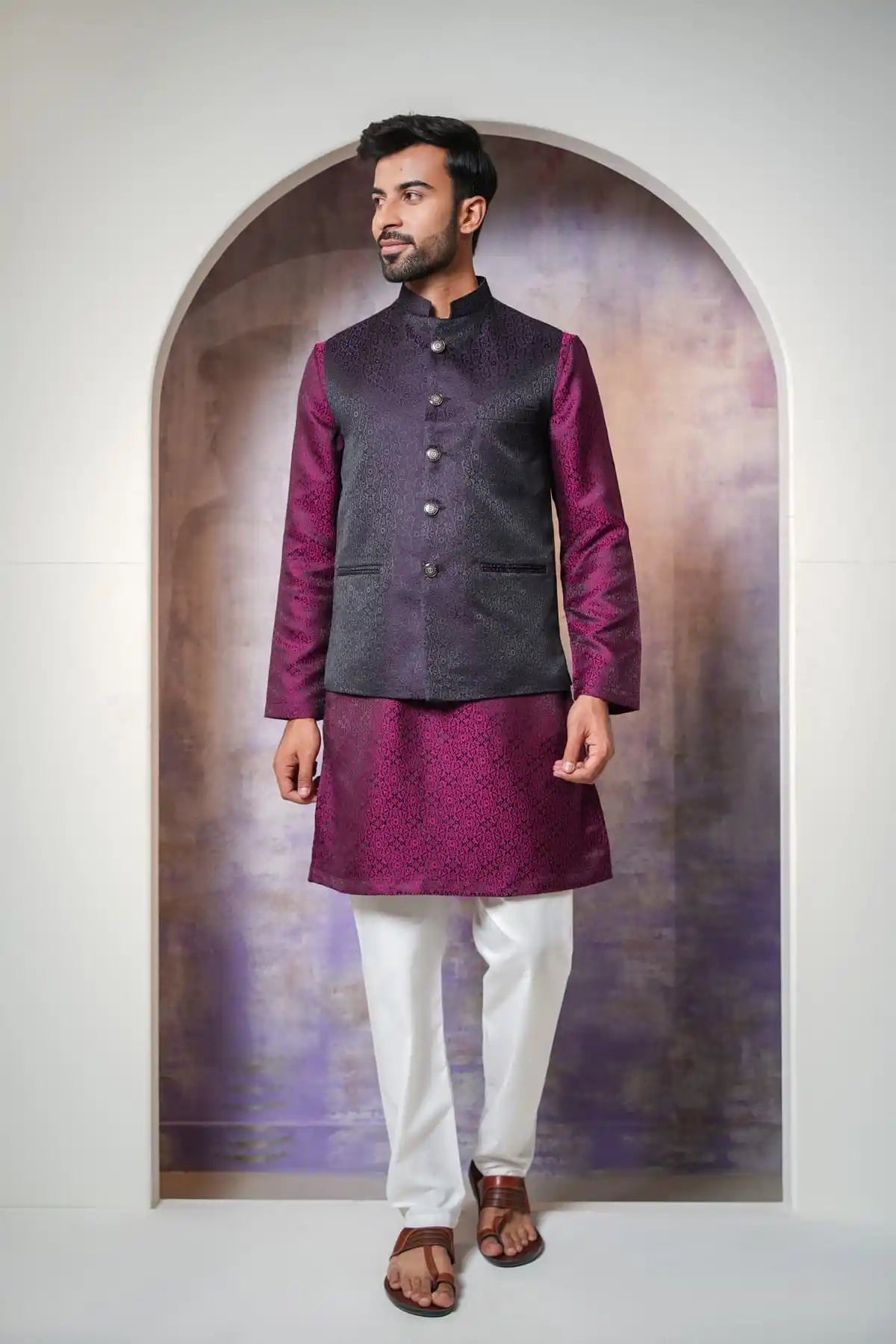Elegant Black Floral Nehru Jacket, Designer Jacquard Nehru Jacket - Kavarsa