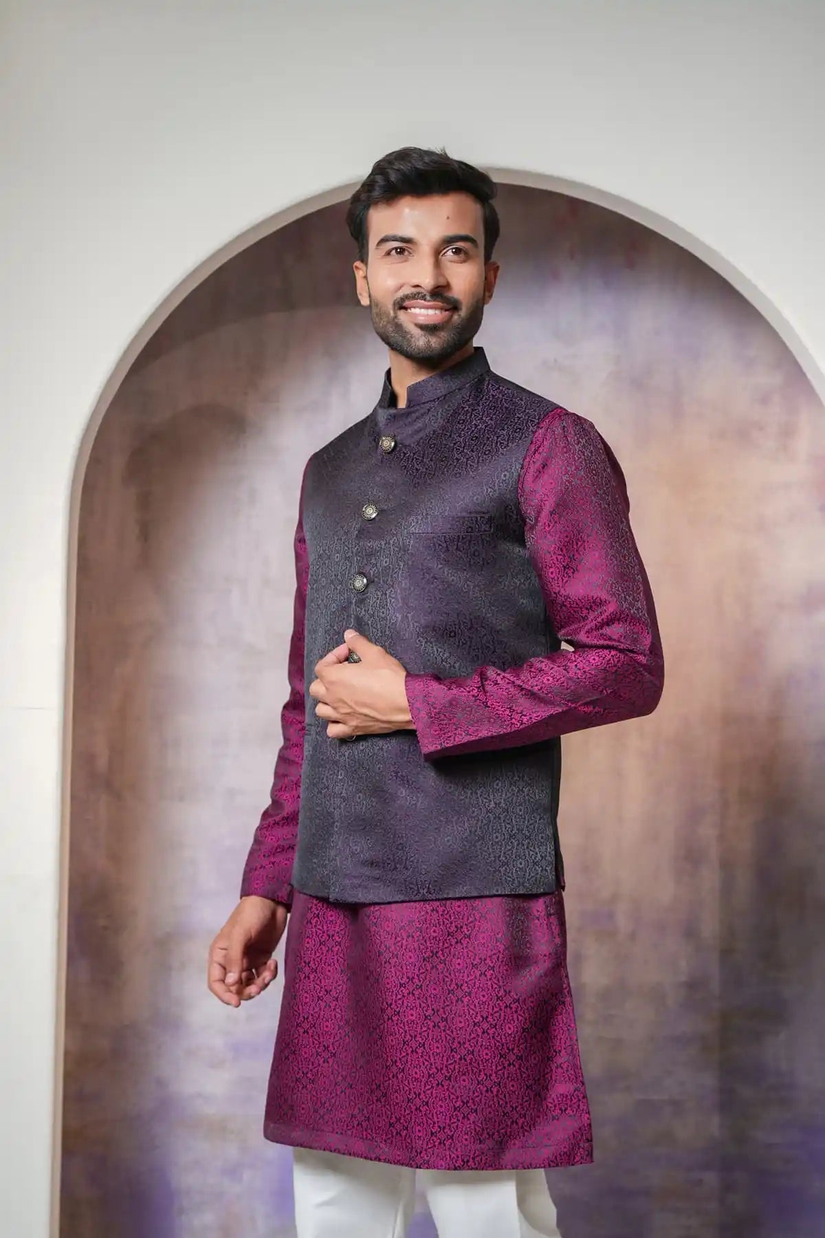 Elegant Black Floral Nehru Jacket, Designer Jacquard Nehru Jacket - Kavarsa