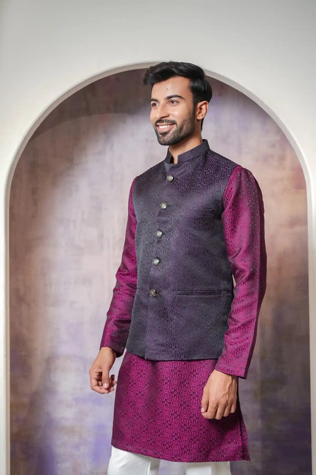 Elegant Black Floral Nehru Jacket, Designer Jacquard Nehru Jacket - Kavarsa