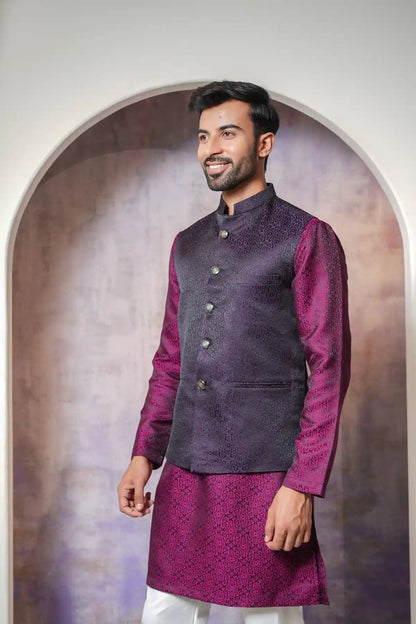 Elegant Black Floral Nehru Jacket, Designer Jacquard Nehru Jacket - Kavarsa