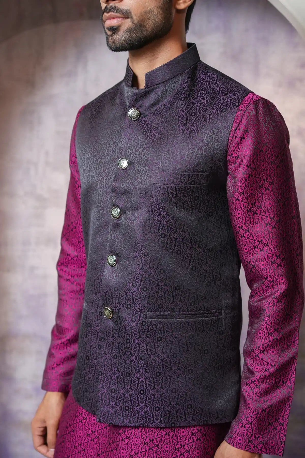 Elegant Black Floral Nehru Jacket, Designer Jacquard Nehru Jacket - Kavarsa