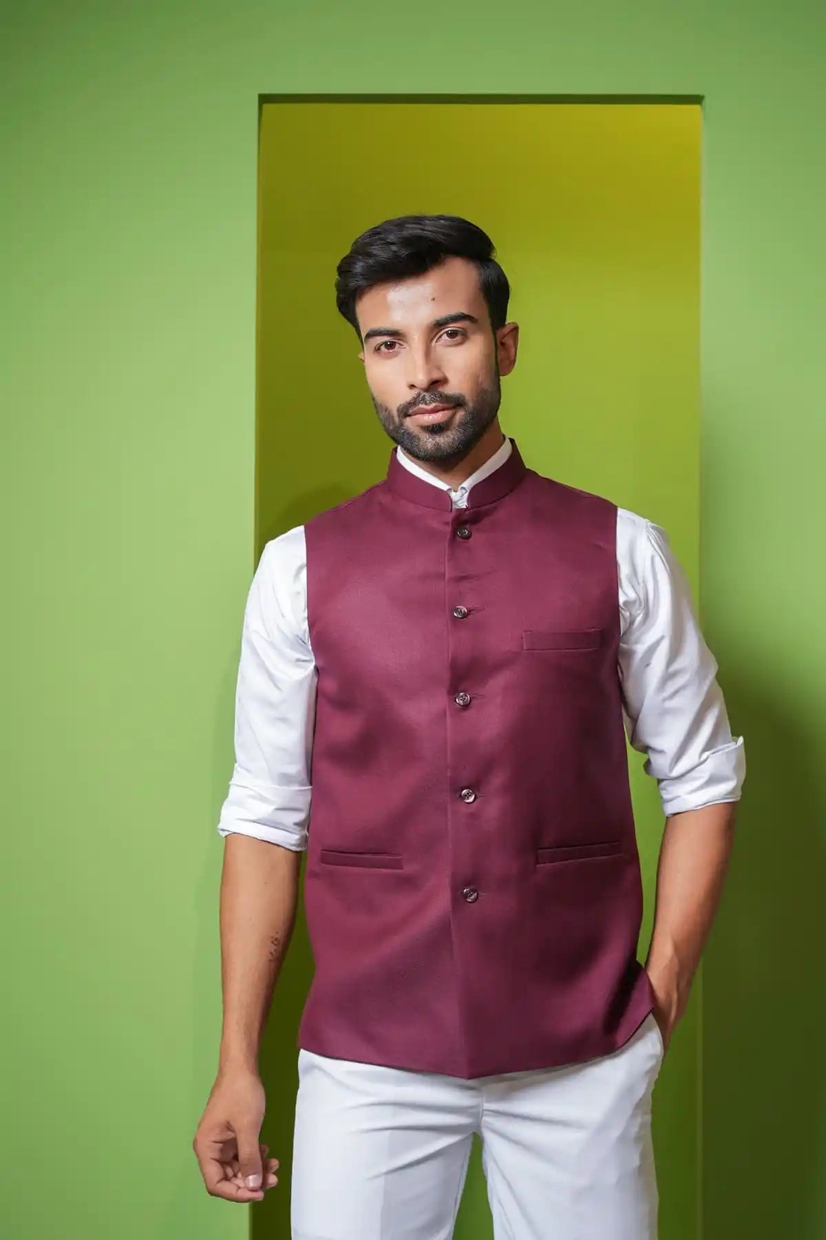 Elegant Clarlet Red Nehru Jacket, Formal Nehru Jacket - Kavarsa