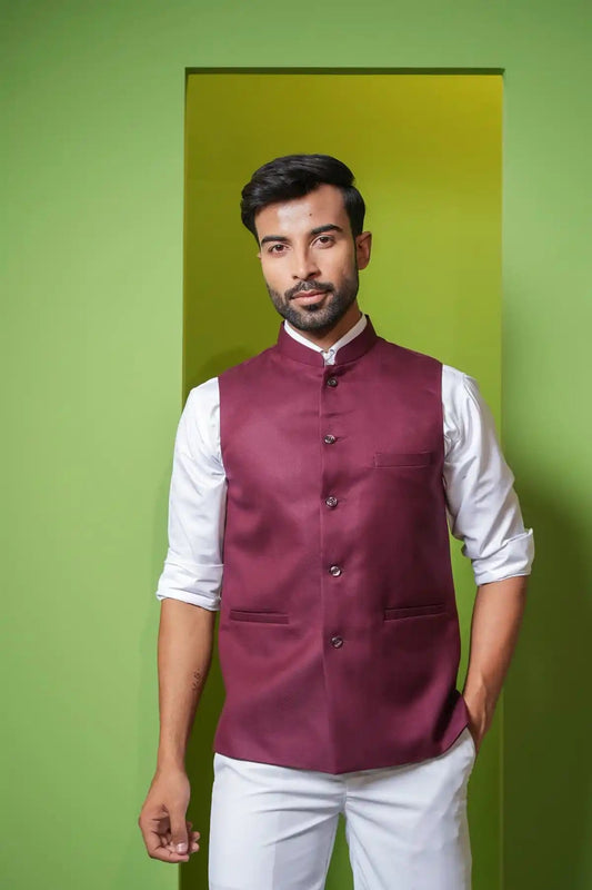 Elegant Clarlet Red Nehru Jacket, Formal Nehru Jacket - Kavarsa