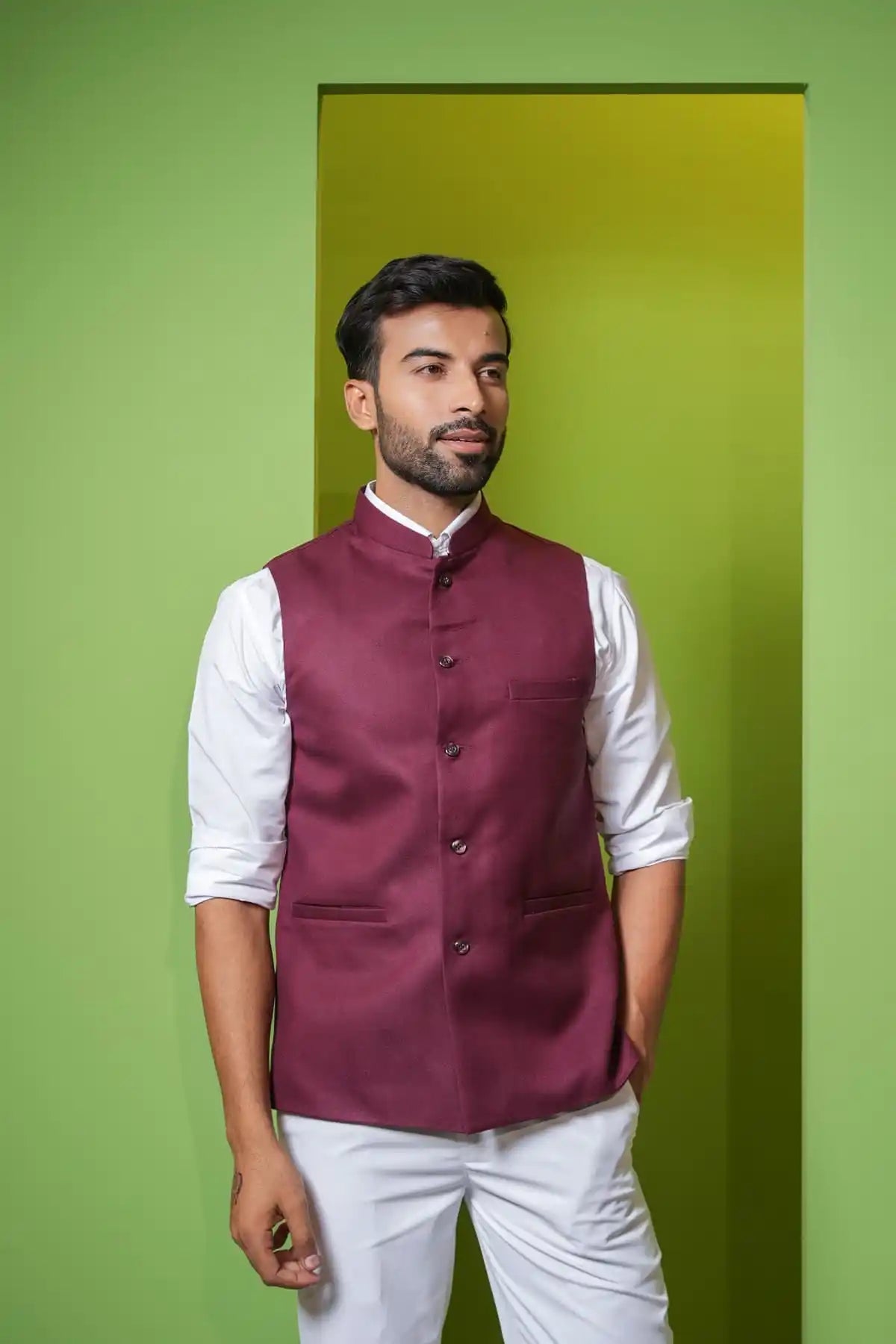 Elegant Clarlet Red Nehru Jacket, Formal Nehru Jacket - Kavarsa