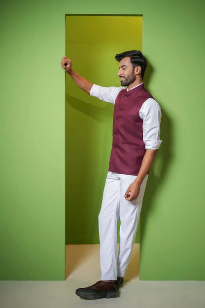 Elegant Clarlet Red Nehru Jacket, Formal Nehru Jacket - Kavarsa
