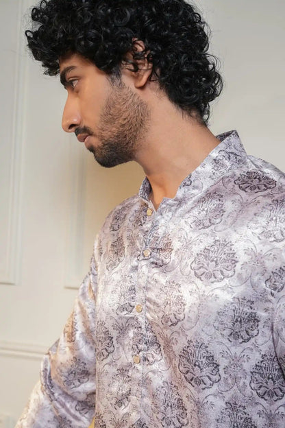 Elegant Silver Brocade Kurta With Intricate Floral Motifs - Kavarsa