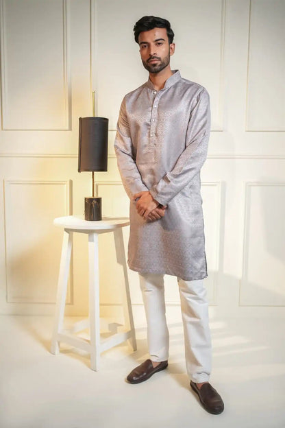 Elegant Silver Silk Kurta, Printed Jacquard Kurta - Kavarsa