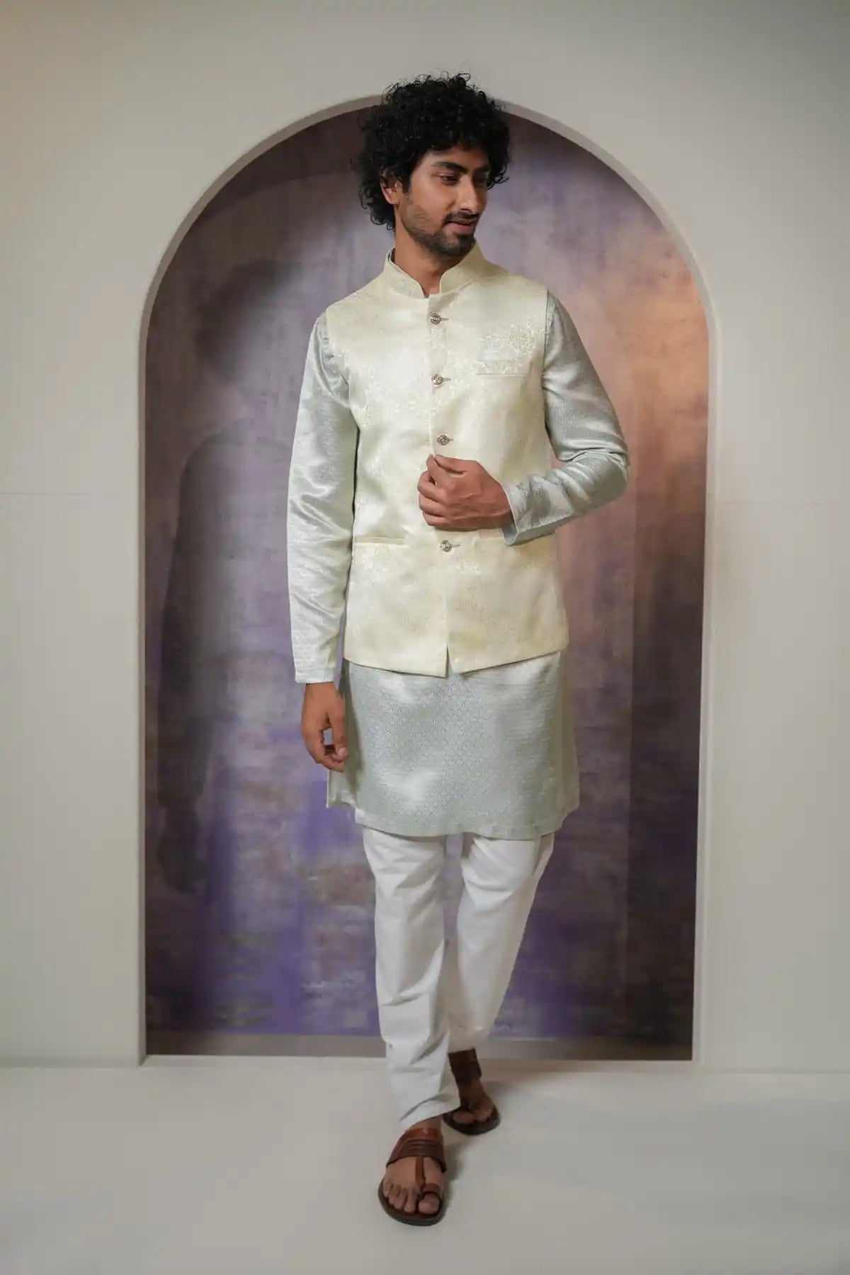 Elegant White Hue Nehru Jacket, Designer Jacquard Nehru Jacket - Kavarsa
