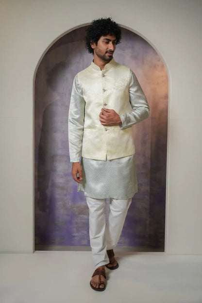 Elegant White Hue Nehru Jacket, Designer Jacquard Nehru Jacket - Kavarsa