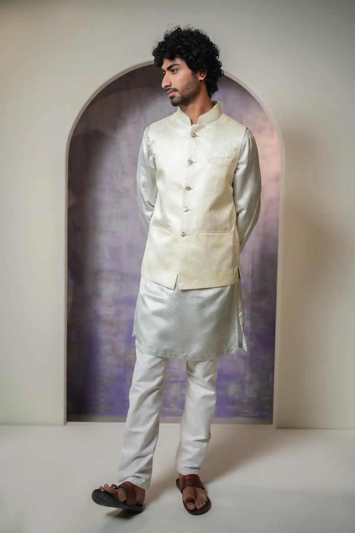 Elegant White Hue Nehru Jacket, Designer Jacquard Nehru Jacket - Kavarsa