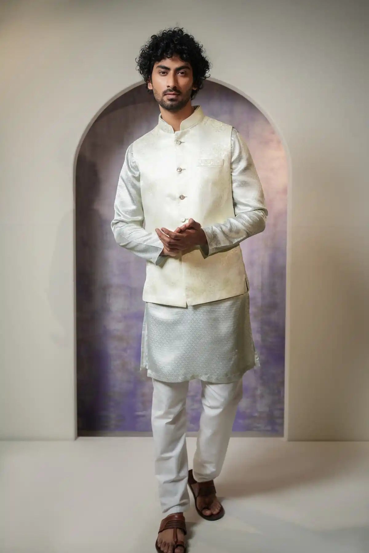 Elegant White Hue Nehru Jacket, Designer Jacquard Nehru Jacket - Kavarsa