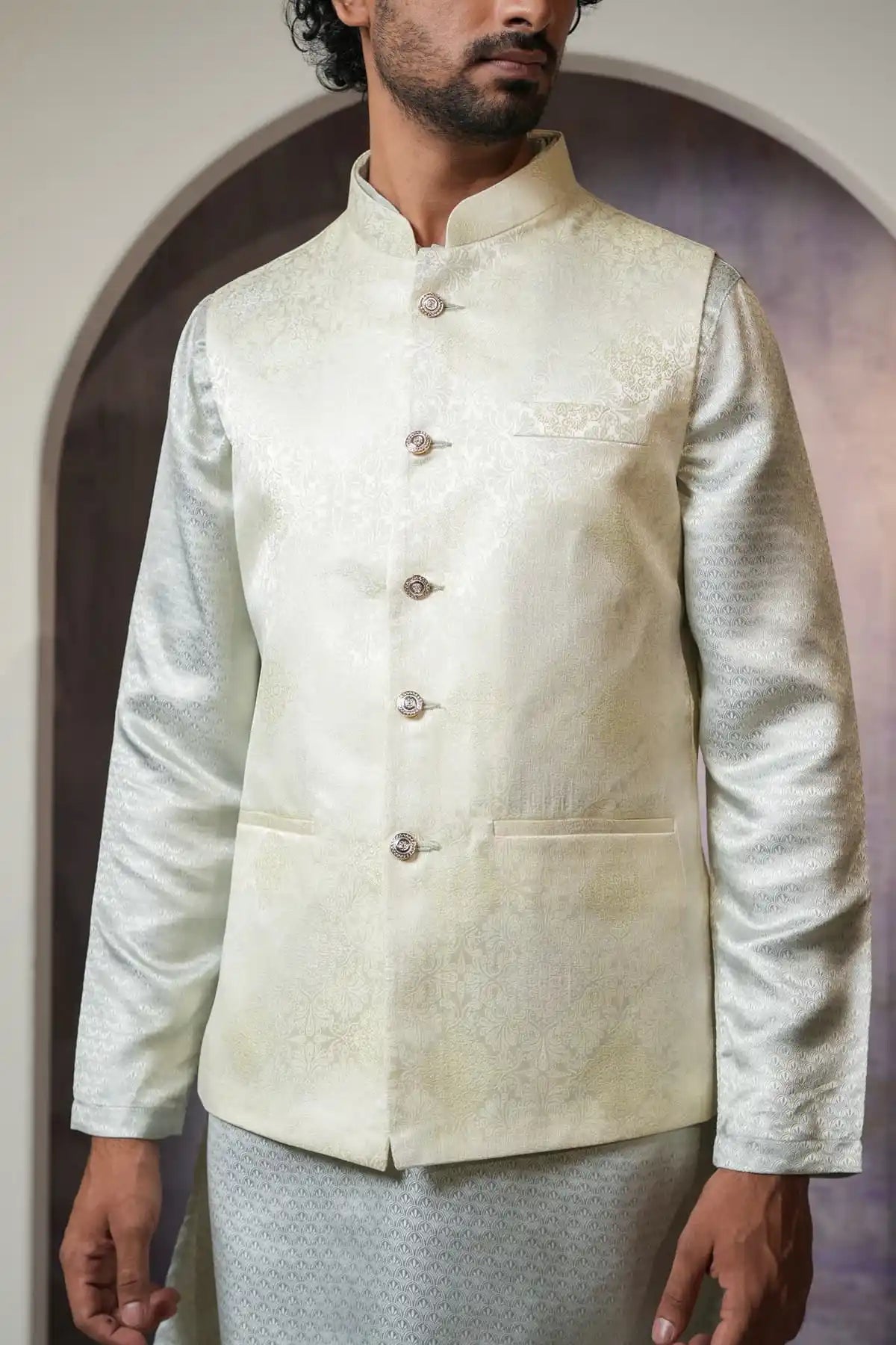 Elegant White Hue Nehru Jacket, Designer Jacquard Nehru Jacket - Kavarsa