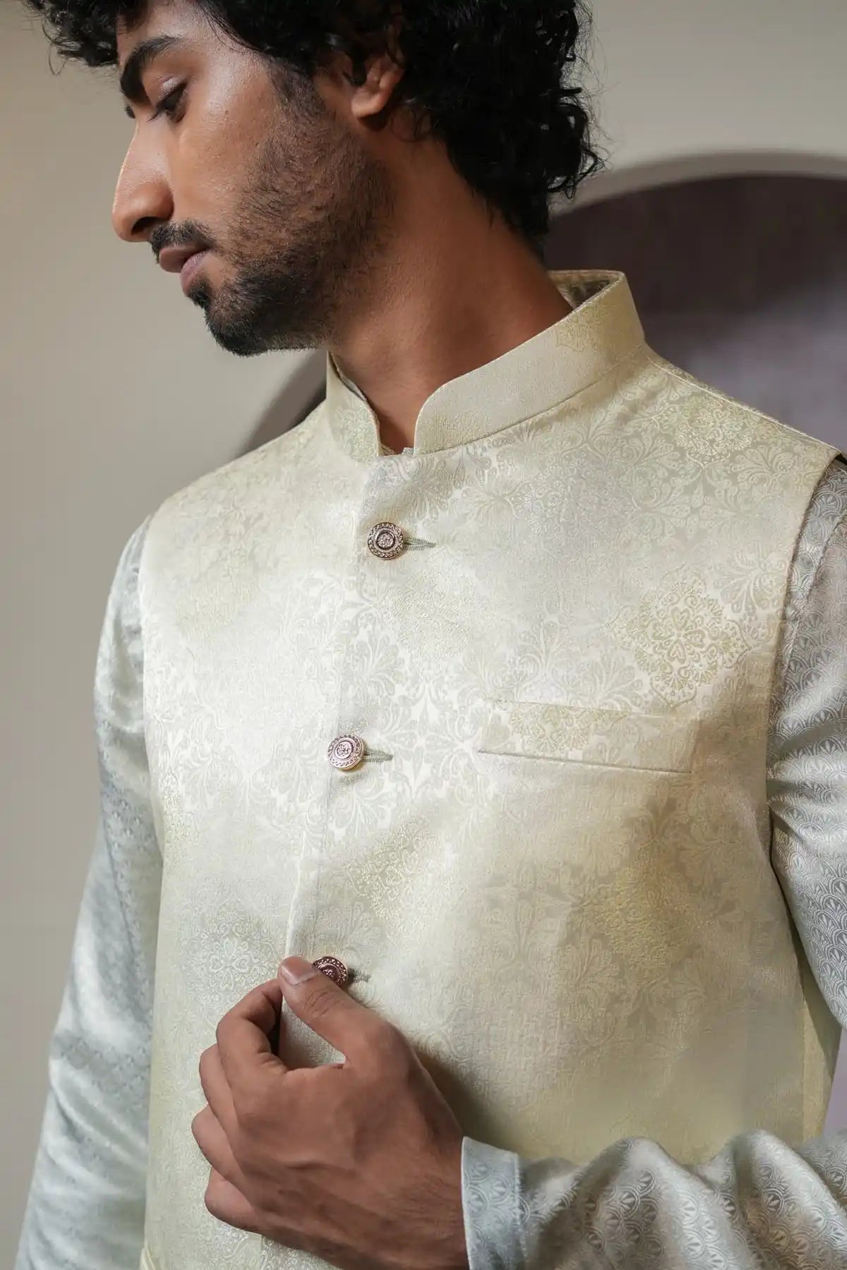 Elegant White Hue Nehru Jacket, Designer Jacquard Nehru Jacket - Kavarsa