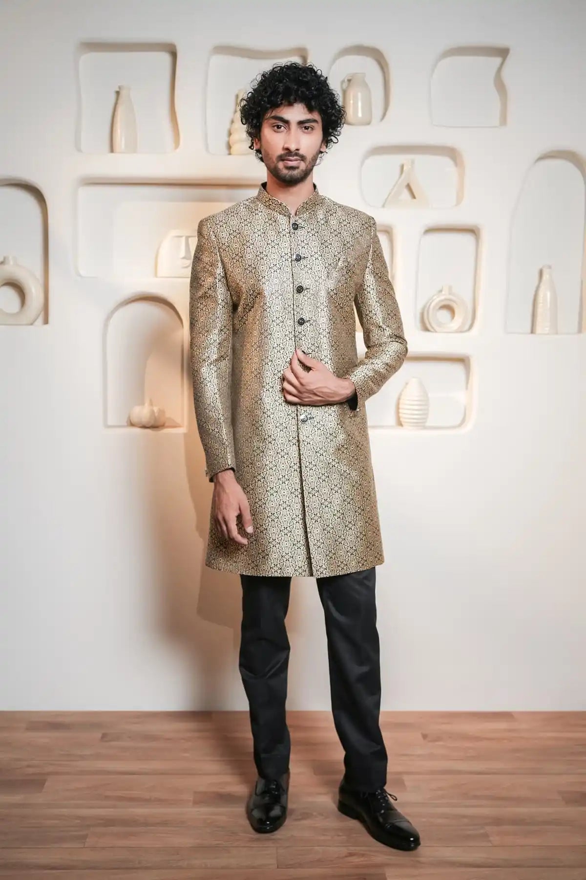 Gold And Black Patterned Indo-Western Sherwani, Designer Jacquard Indo-Western - Kavarsa