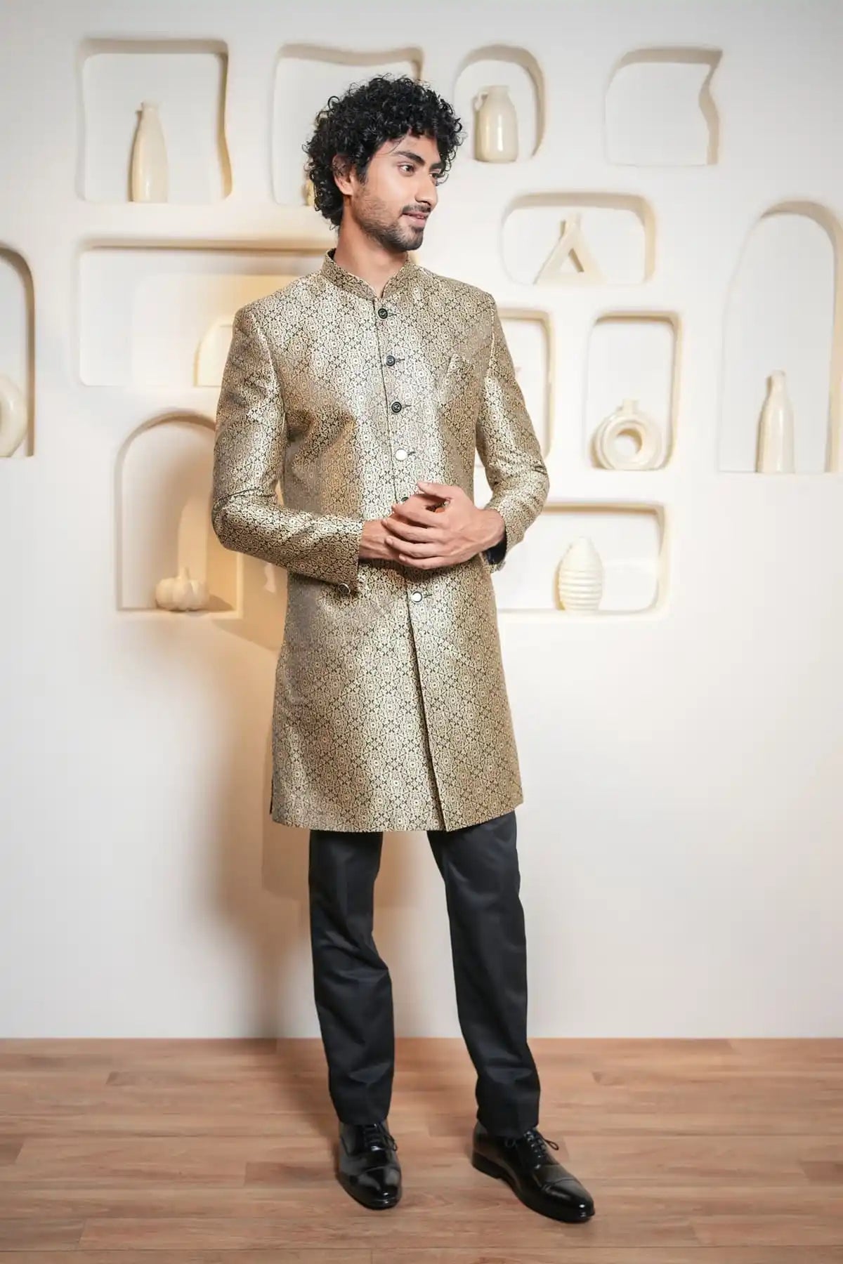 Gold And Black Patterned Indo-Western Sherwani, Designer Jacquard Indo-Western - Kavarsa