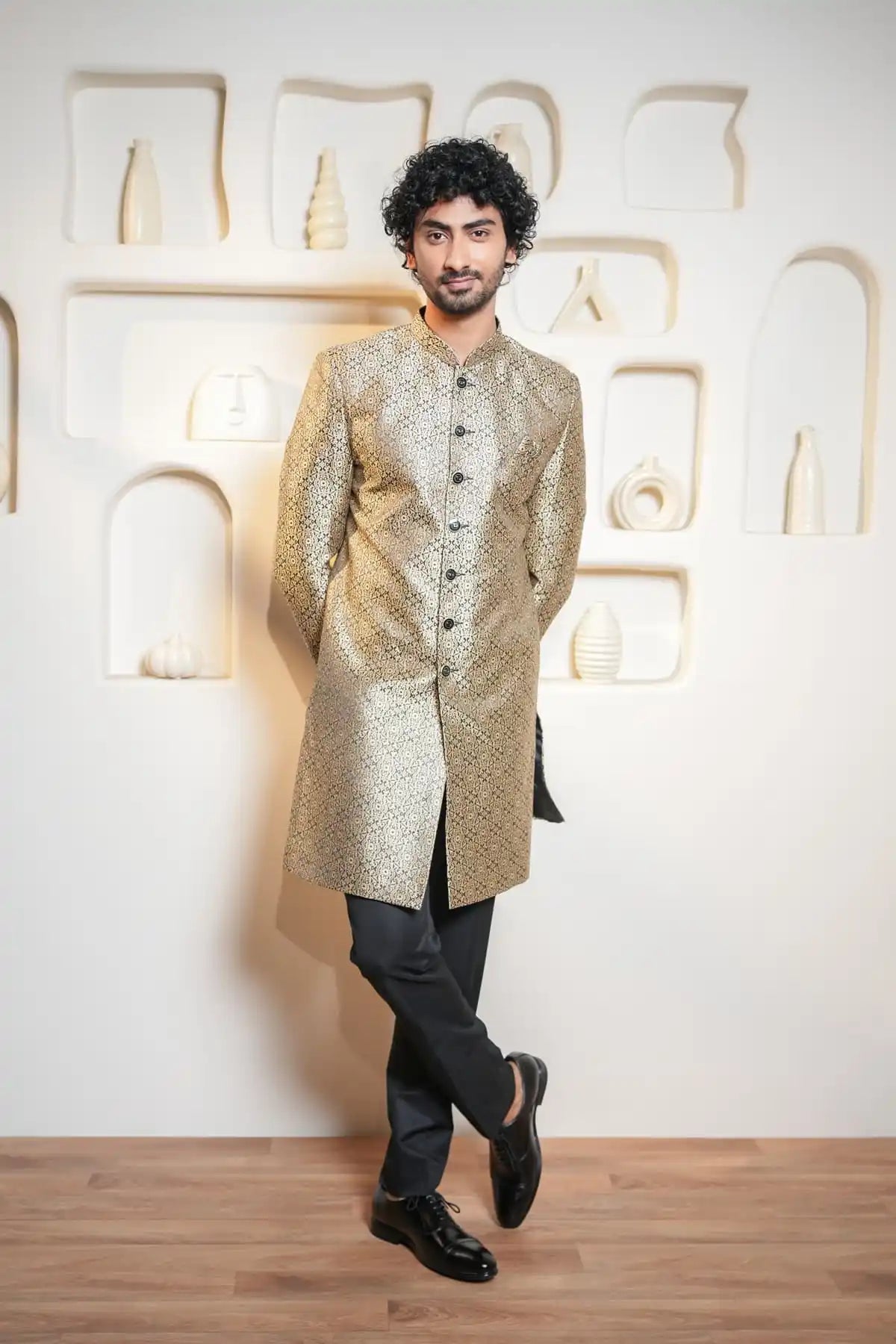 Gold And Black Patterned Indo-Western Sherwani, Designer Jacquard Indo-Western - Kavarsa