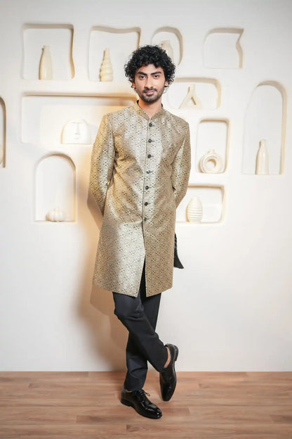 Gold And Black Patterned Indo-Western Sherwani, Designer Jacquard Indo-Western - Kavarsa