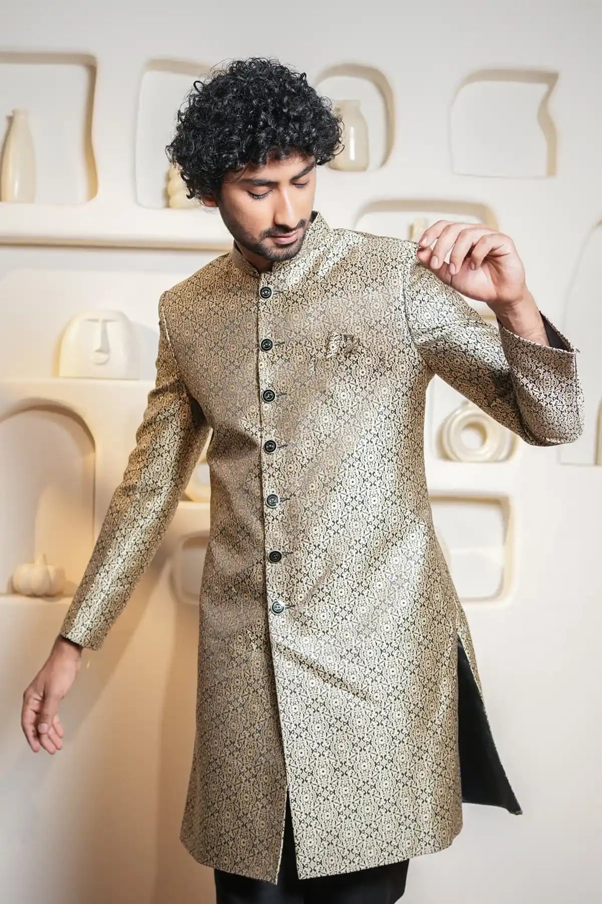 Gold And Black Patterned Indo-Western Sherwani, Designer Jacquard Indo-Western - Kavarsa