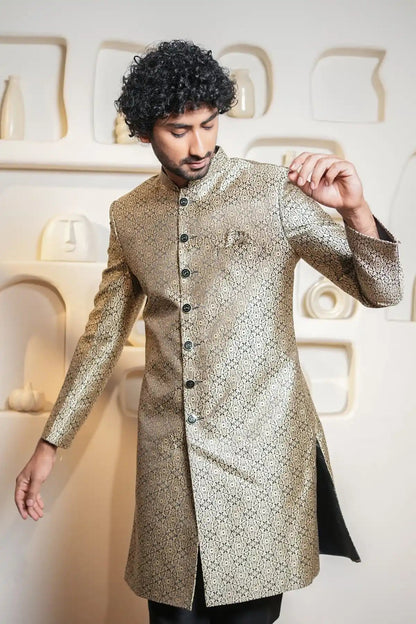 Gold And Black Patterned Indo-Western Sherwani, Designer Jacquard Indo-Western - Kavarsa