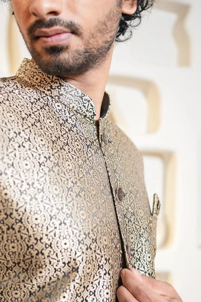 Gold And Black Patterned Indo-Western Sherwani, Designer Jacquard Indo-Western - Kavarsa