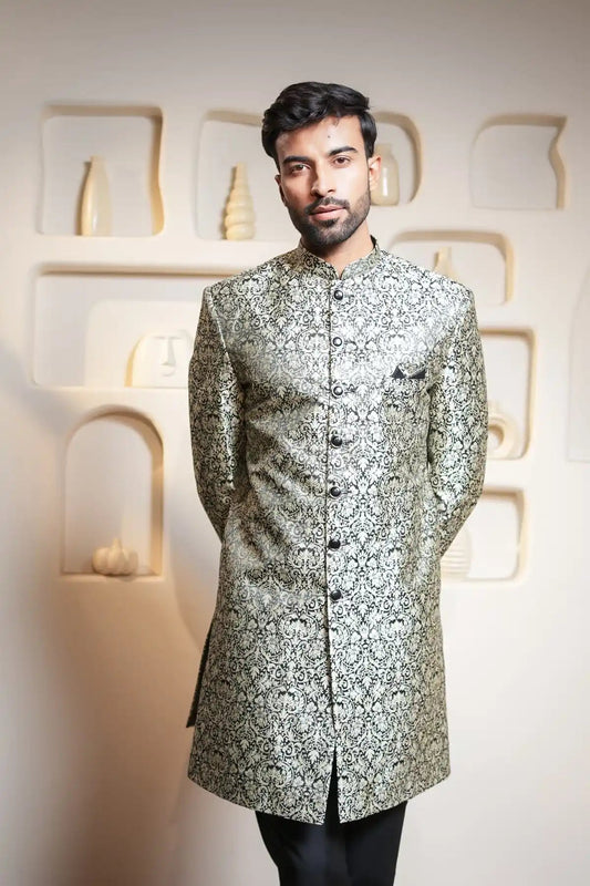 Ivory Black Brocade Indo-Western, Designer Jacquard Indo-Western - Kavarsa