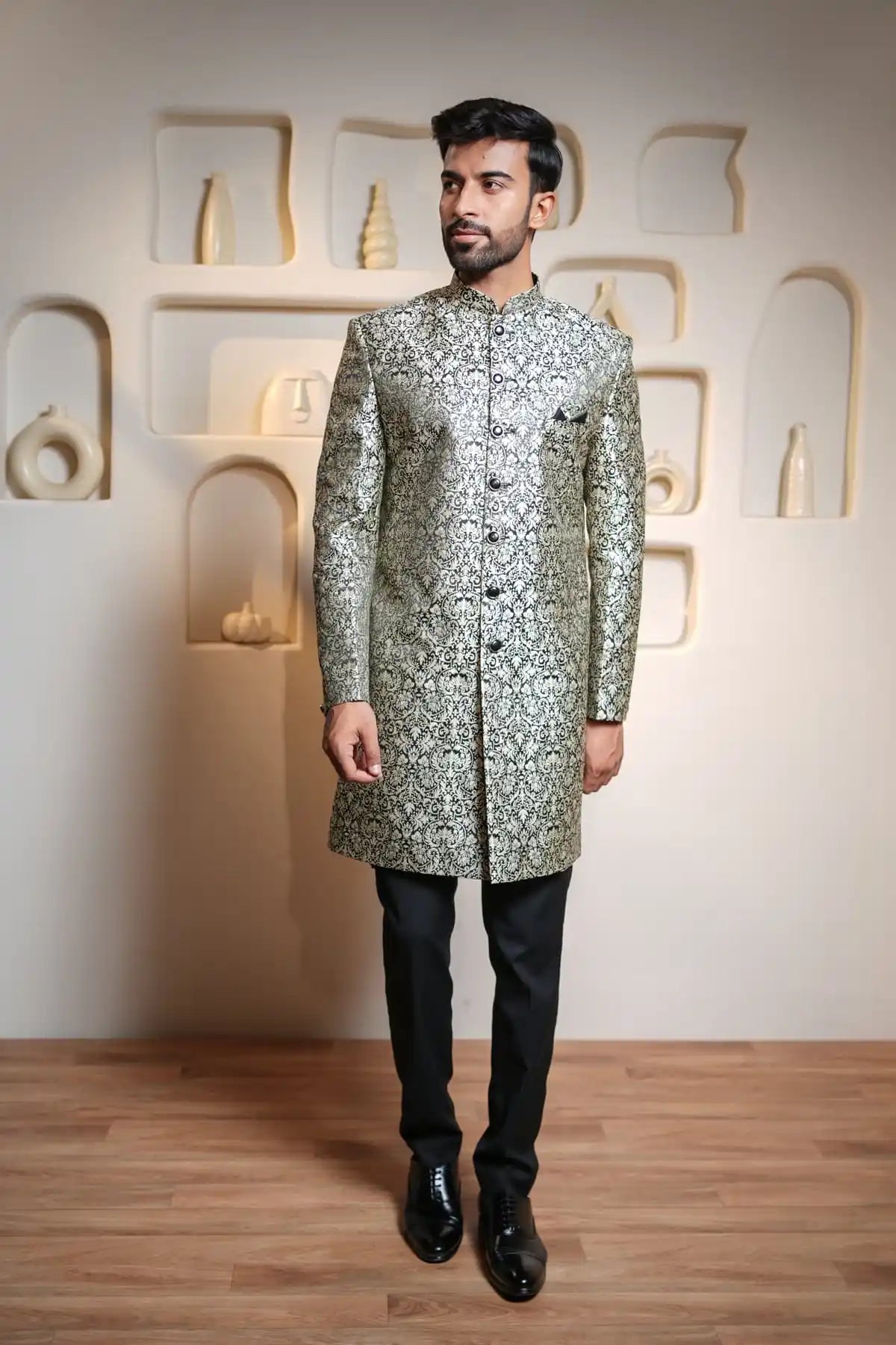 Ivory Black Brocade Indo-Western, Designer Jacquard Indo-Western - Kavarsa