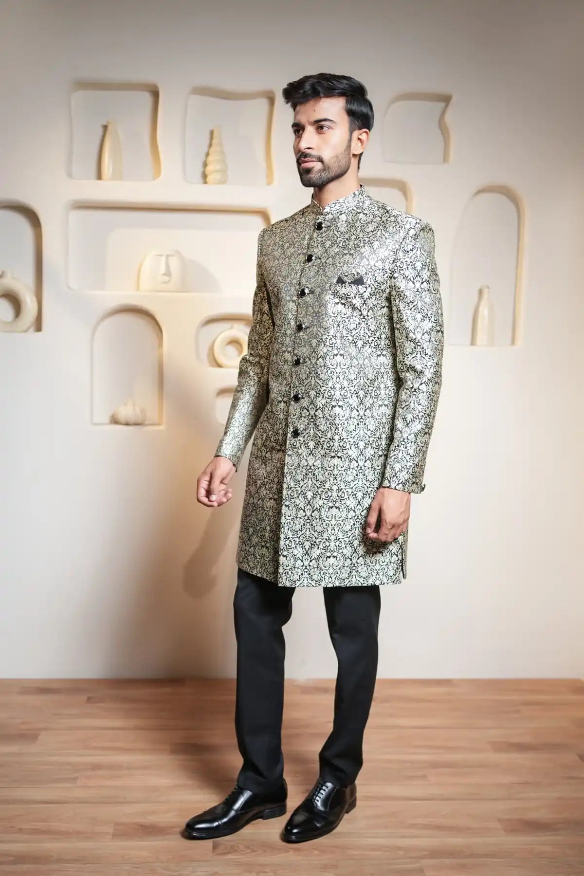 Ivory Black Brocade Indo-Western, Designer Jacquard Indo-Western - Kavarsa