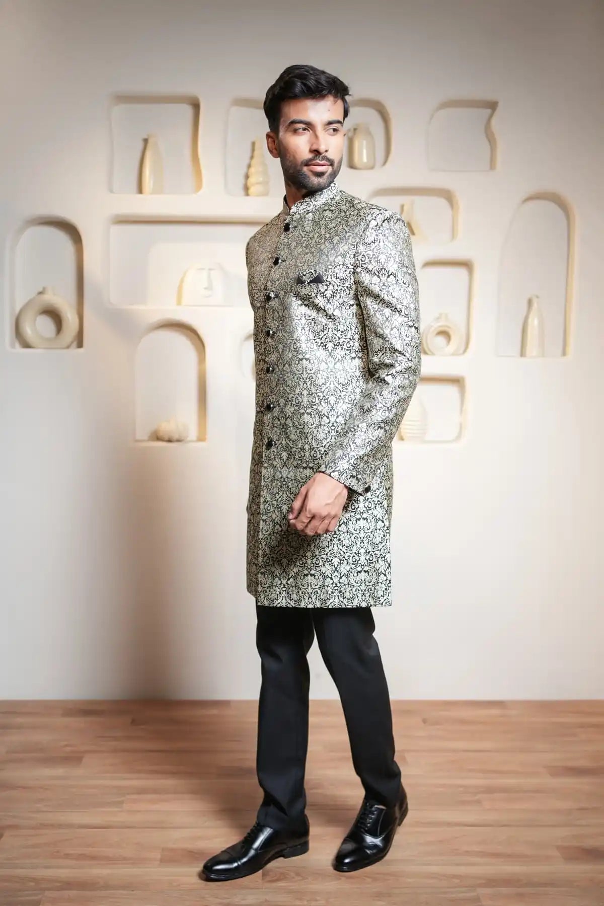 Ivory Black Brocade Indo-Western, Designer Jacquard Indo-Western - Kavarsa