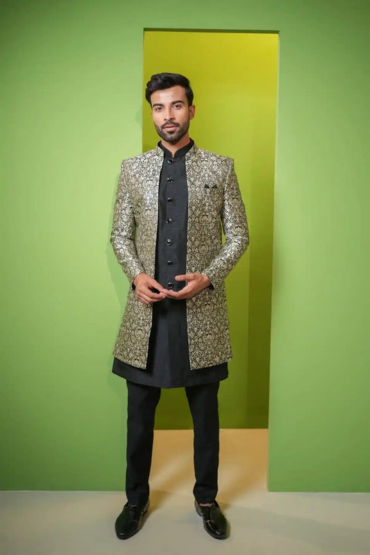 Lavender Gray And Black Jacquard Indo-Western 2-PC - Kavarsa