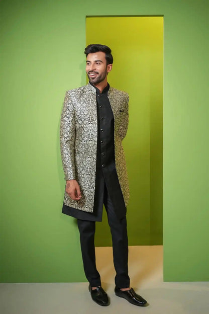 Lavender Gray And Black Jacquard Indo-Western 2-PC - Kavarsa