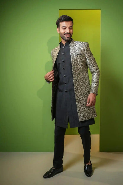 Lavender Gray And Black Jacquard Indo-Western 2-PC - Kavarsa