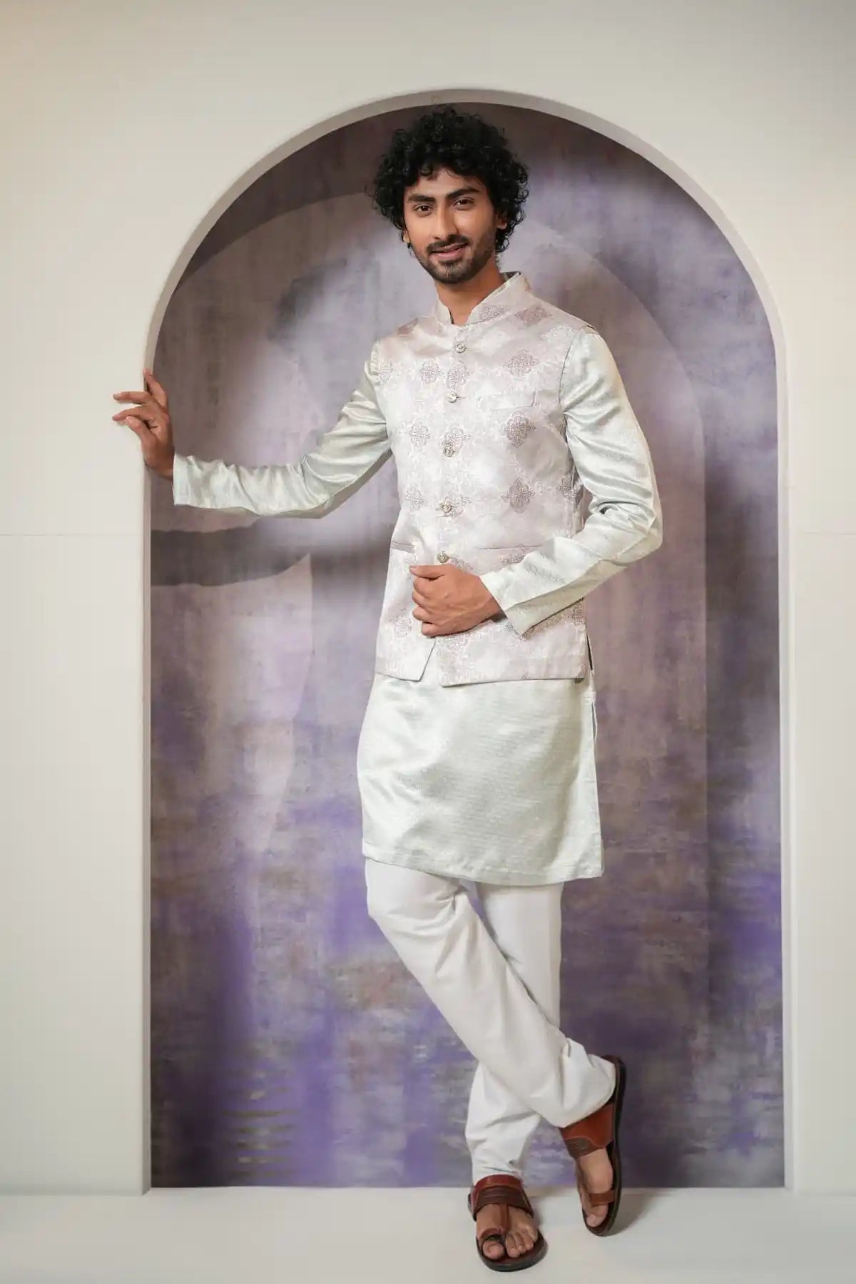 Light Pink Patterned Nehru Jacket, Designer Jacquard Nehru Jacket - Kavarsa