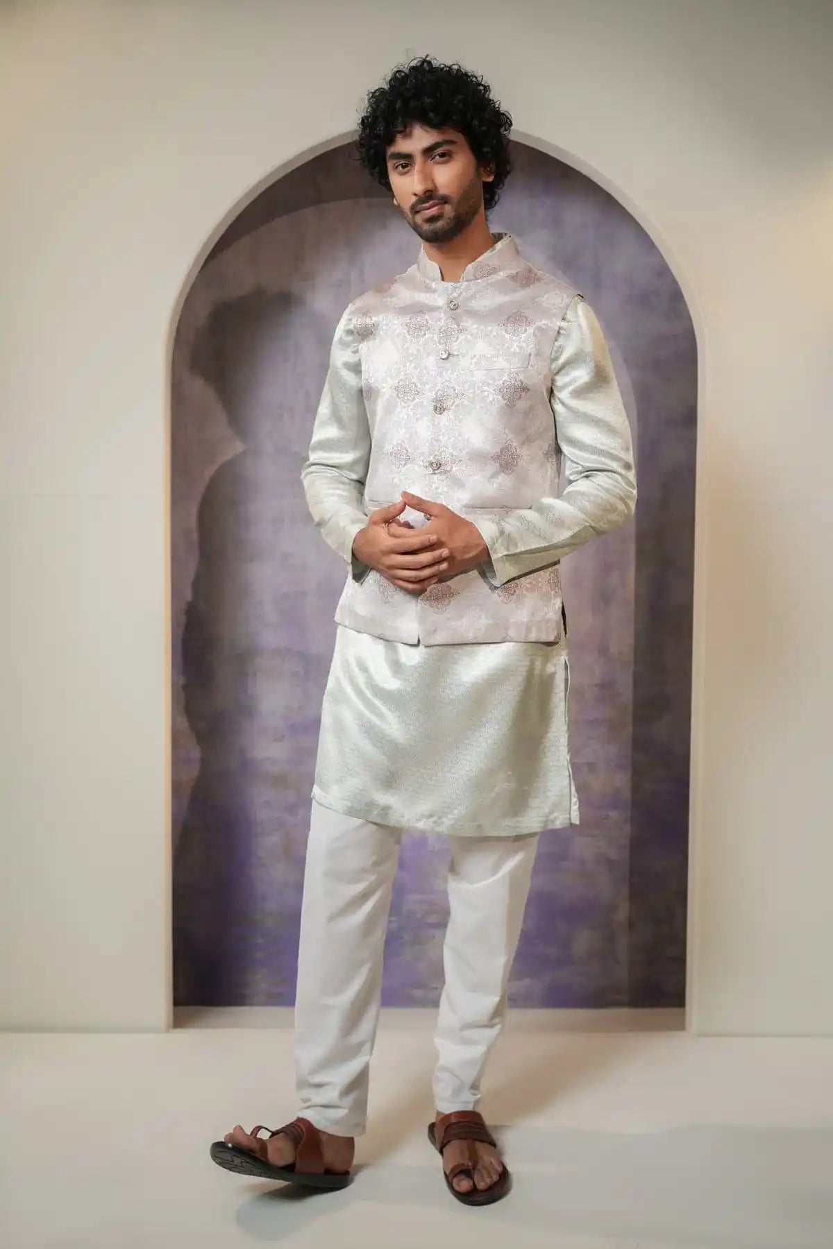 Light Pink Patterned Nehru Jacket, Designer Jacquard Nehru Jacket - Kavarsa