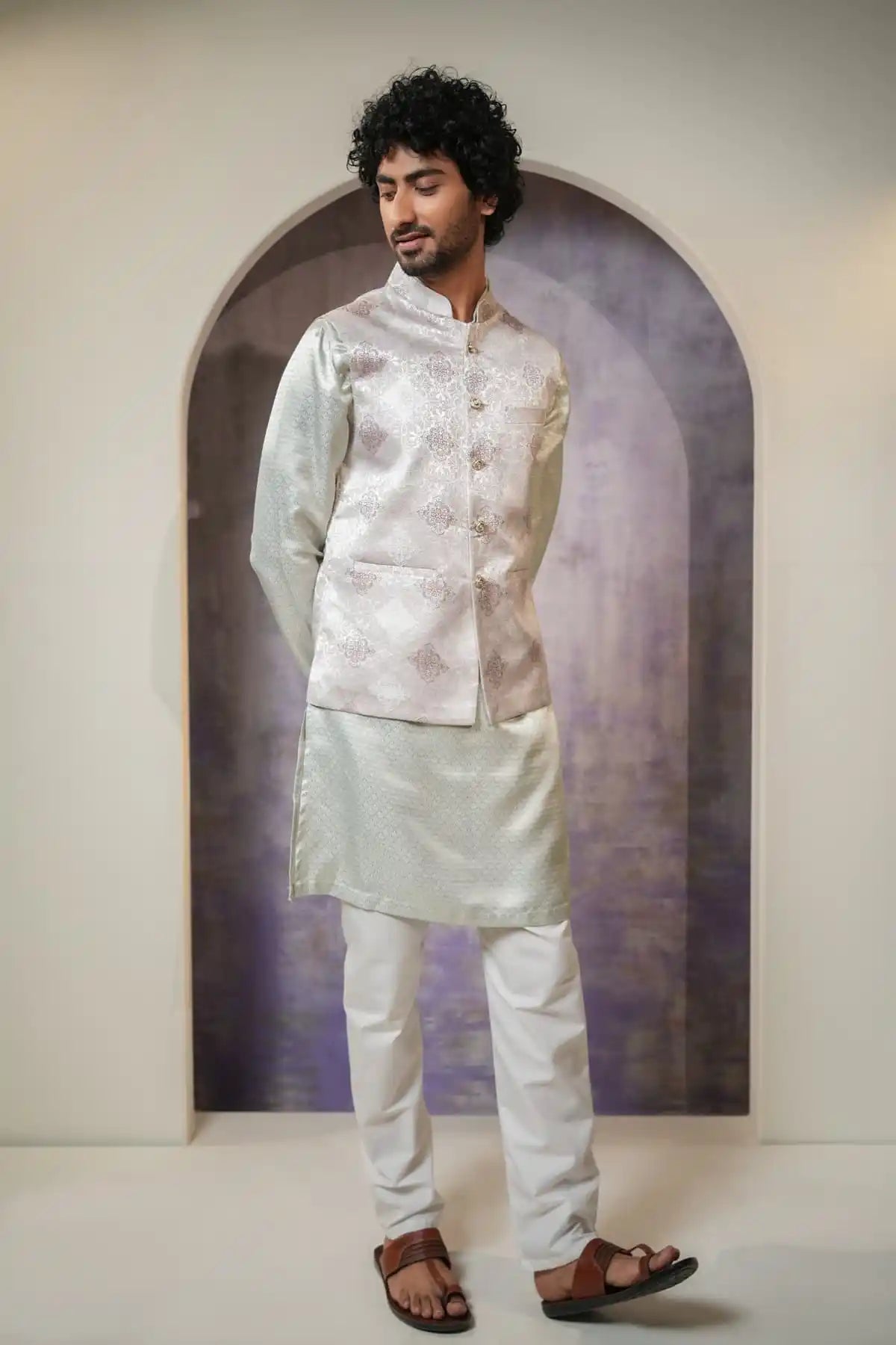 Light Pink Patterned Nehru Jacket, Designer Jacquard Nehru Jacket - Kavarsa