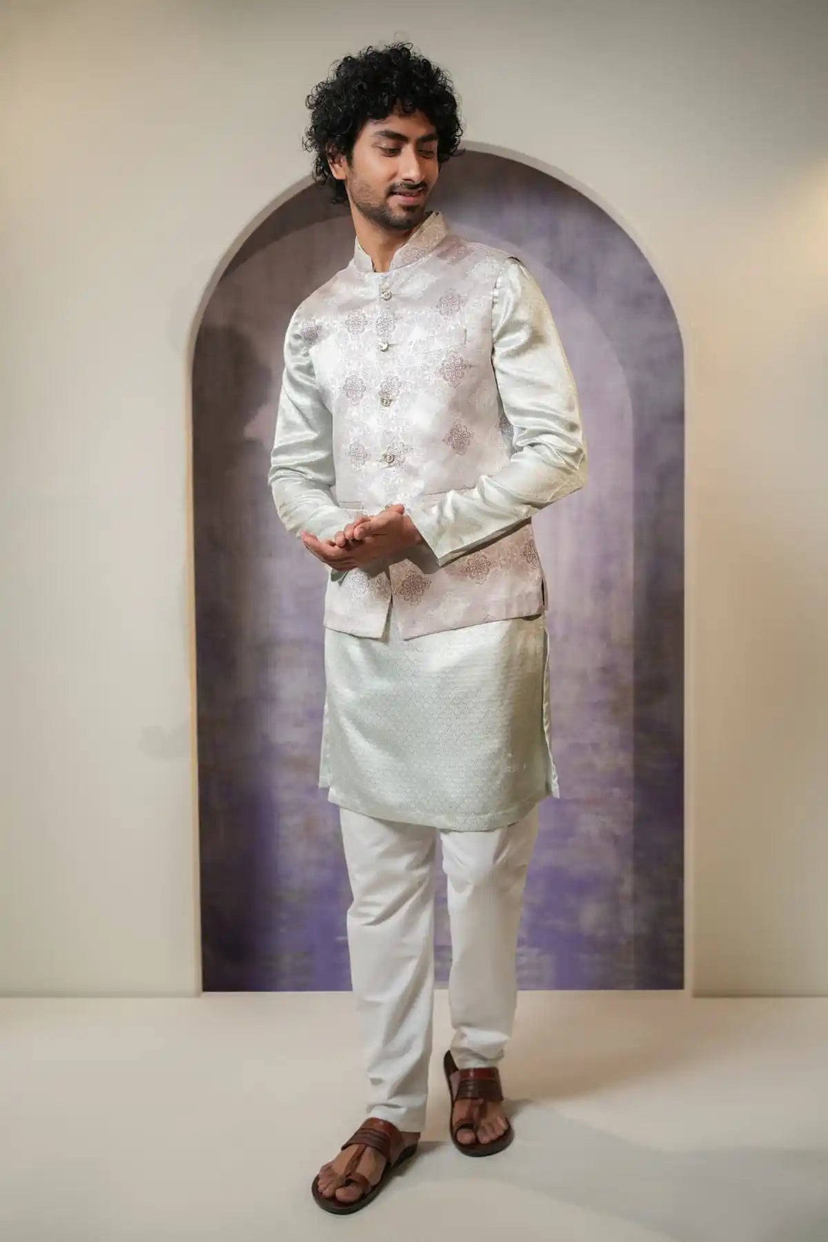 Light Pink Patterned Nehru Jacket, Designer Jacquard Nehru Jacket - Kavarsa