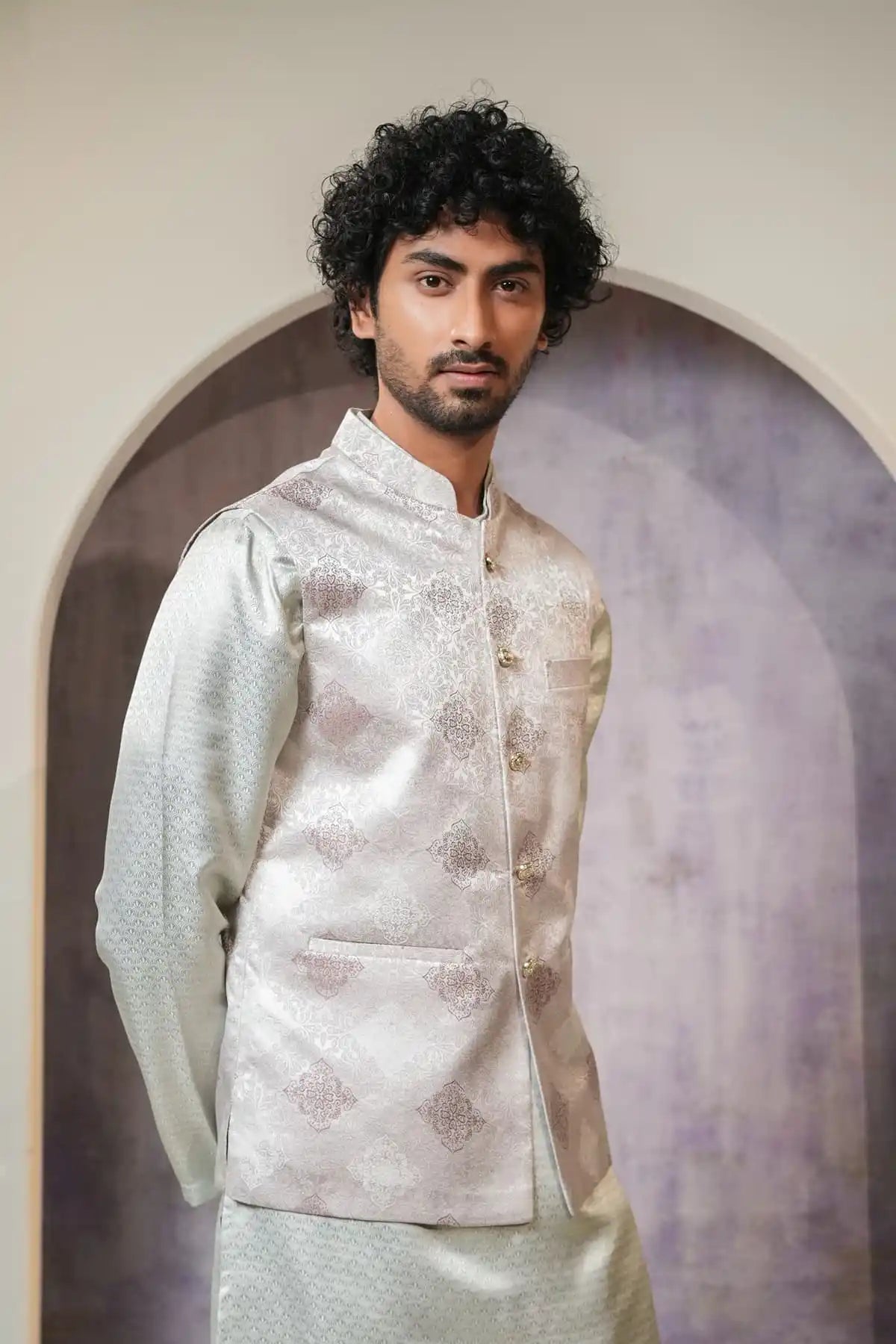 Light Pink Patterned Nehru Jacket, Designer Jacquard Nehru Jacket - Kavarsa